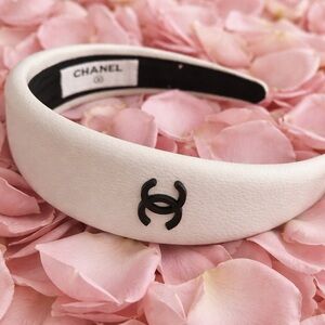 Elegant Fashion Ivory Headband with iconic CC Black Logo- New